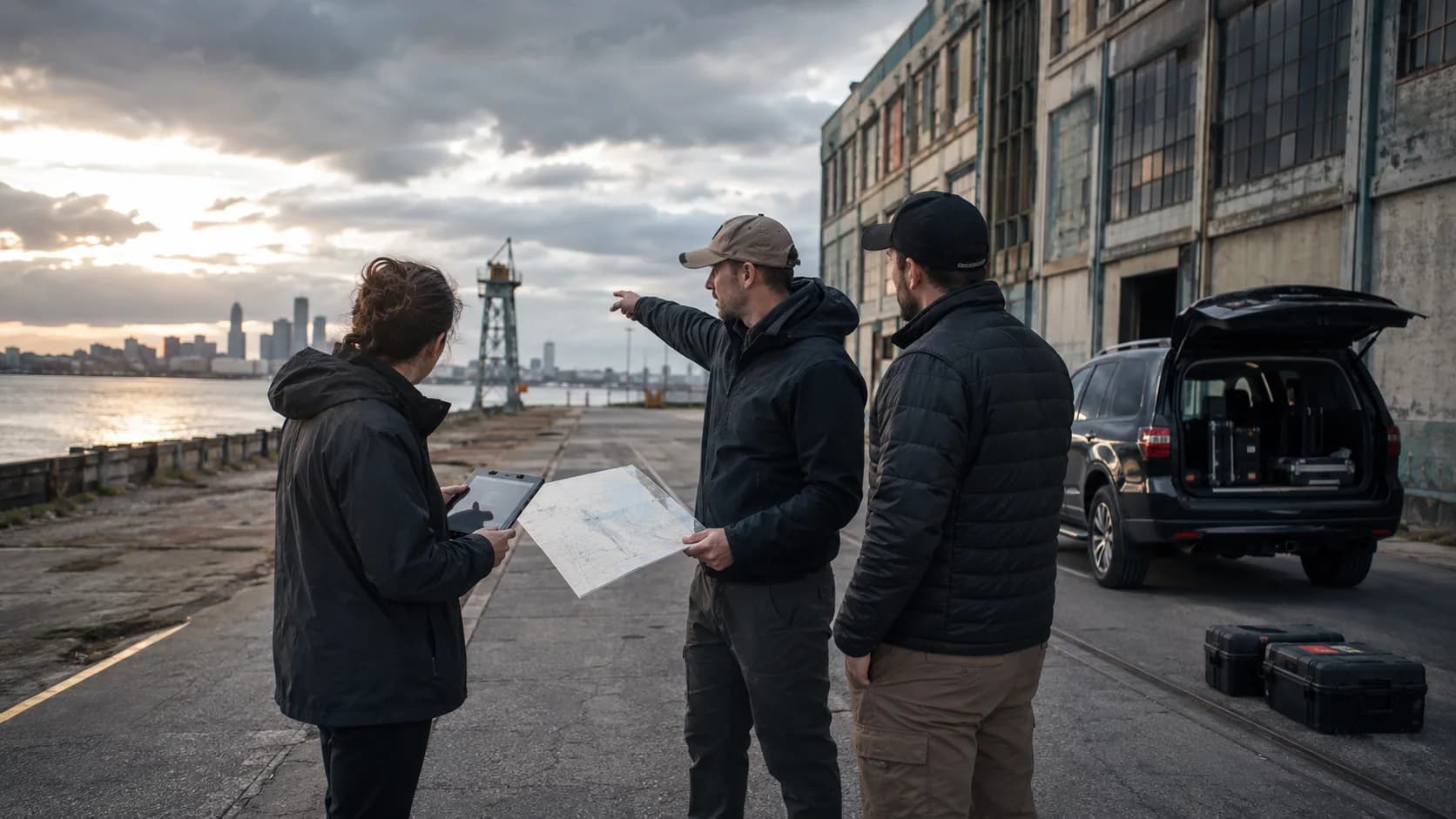 A film location scout, production manager and cinematographer planning a waterfront shoot